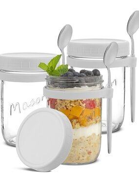 NEW Glass Mason-Style Food Jar with White Lid and Spoon - Set of 3